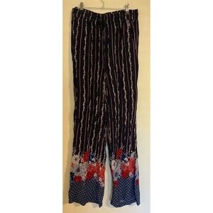 New Directions Navy Blue Floral Striped Wide Leg Palazzo Pants Womens Small